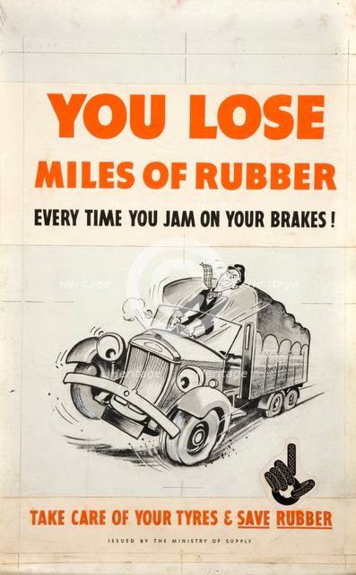 'You lose miles of rubber every time you jam on your brakes!...', WWII poster, between 1939 and 1946 Creator: Central Office of Information.