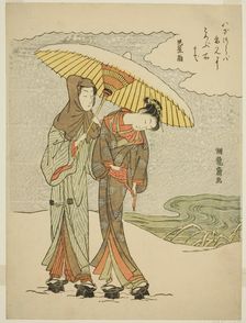 Young Couple Under an Umbrella in the Snow, c. 1770. Creator: Isoda Koryusai