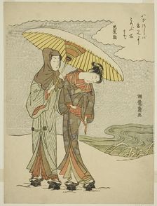 Young Couple Under an Umbrella in the Snow, c. 1770. Creator: Isoda Koryusai