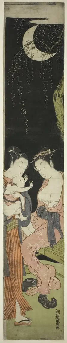 Young Couple with Infant Son on a Moonlit Night, c. 1770. Creator: Isoda Koryusai