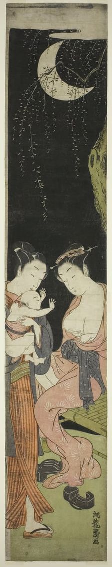 Young Couple with Infant Son on a Moonlit Night, c. 1770. Creator: Isoda Koryusai