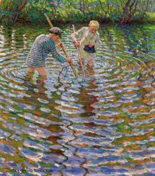 Young boys fishing for crayfish