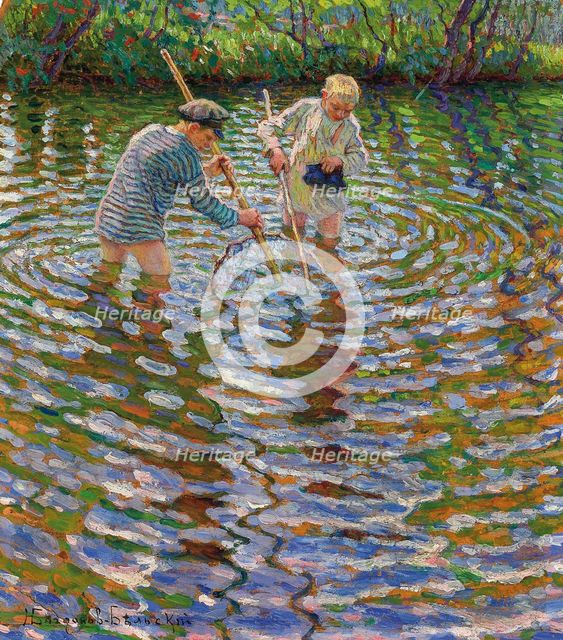 Young boys fishing for crayfish.
