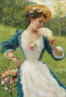 Young beauty with a basket of roses