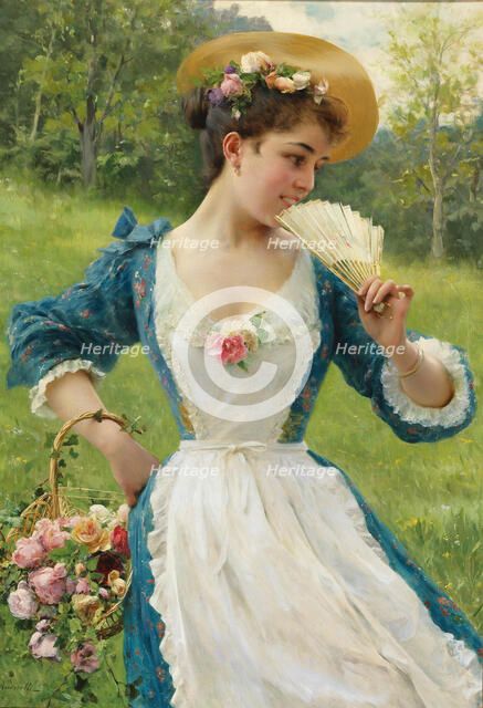 Young beauty with a basket of roses, .