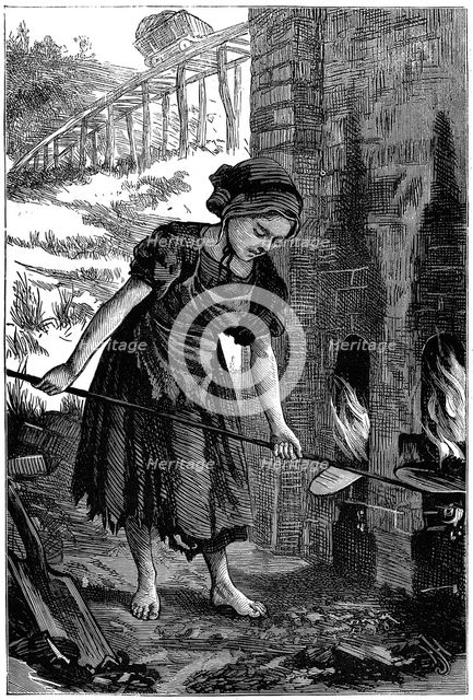 Young girl tending the fire holes of a brick kiln, 1871. Creator: Unknown.