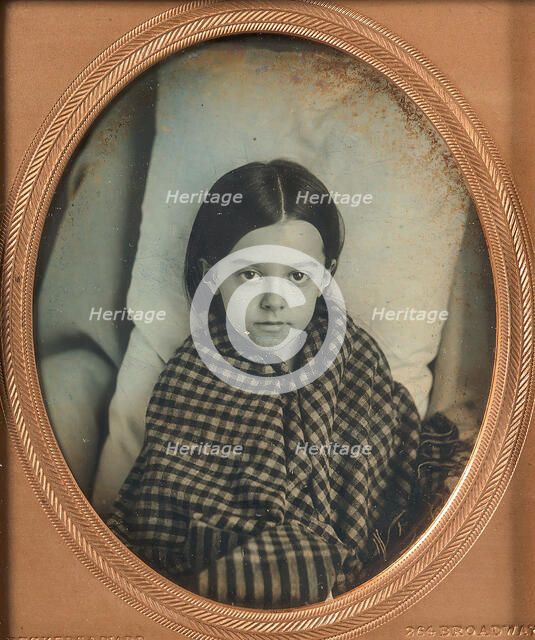 [Young Girl Wearing Gingham Shawl, Resting on Pillow], 1853-56. Creator: Beckers & Piard.