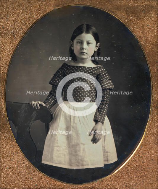 Young Girl Wearing Waist Apron, Resting Hand on Chair, 1840s-50s. Creator: Unknown.
