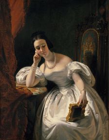 Young girl with a portrait, c. 1840. Creator: Dubufe, Édouard Louis (1819-1883)