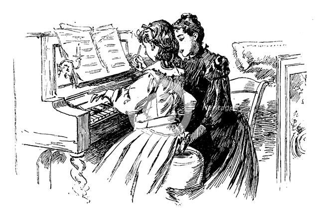 Young girl being given a piano lesson, Paris, 1889. Artist: Unknown