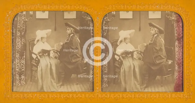 Young girl dressed as a nun with young boy wearing a cloak and three-corner hat, 1855-1860. Creator: Unknown.