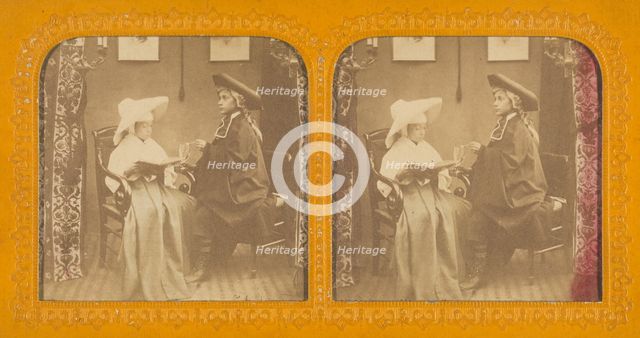 Young girl dressed as a nun with young boy wearing a cloak and three-corner hat, 1855-1860. Creator: Unknown.