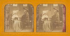 Young girl dressed as a nun with young boy wearing a cloak and three-corner hat, 1855-1860. Creator: Unknown