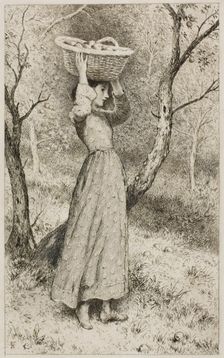 Young Girl in an Orchard with a Basket of Fruit, c.1850. Creator: Birket Foster
