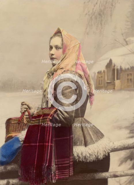 Young girl in fur-trimmed jacket with scarf, 1886-1910. Creator: Helene Edlund.