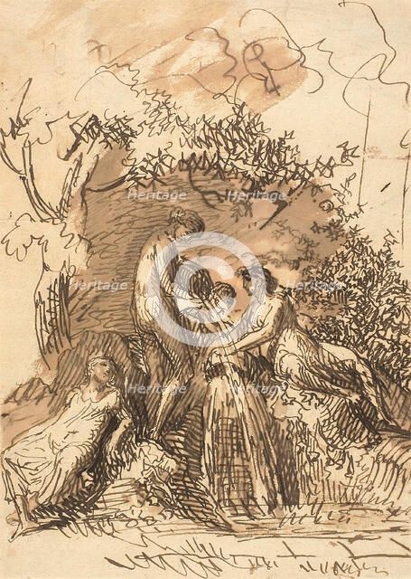 Young Girls at a Fountain (recto); Fragment of Sketch of Legs (verso), 1790-1799 (recto); 1781/1847  Creator: Johann Christian Reinhart.