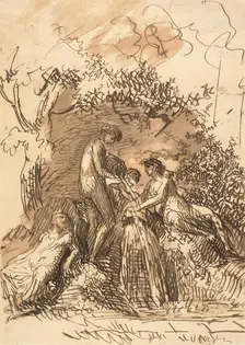 Young Girls at a Fountain (recto); Fragment of Sketch of Legs (verso), 1790-1799 (recto); 1781/1847 Creator: Johann Christian Reinhart