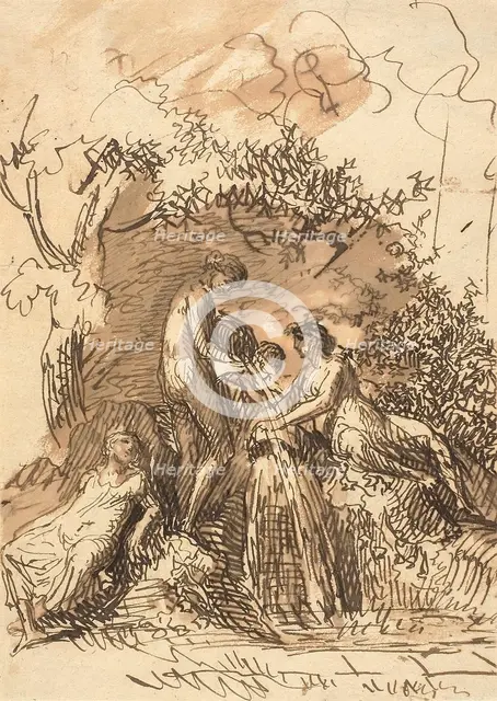 Young Girls at a Fountain (recto); Fragment of Sketch of Legs (verso), 1790-1799 (recto); 1781/1847  Creator: Johann Christian Reinhart.
