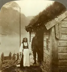 Young farmers of the Nordfjord country - before their cottage home, Norway c1905. Creator: Unknown