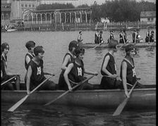 Young Female Civilians Wearing a Team Sport Outfit in a Rowing Race, an Audience Is Seen on..., 1920 Creator: British Pathe Ltd