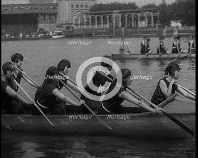 Young Female Civilians Wearing a Team Sport Outfit in a Rowing Race, an Audience Is Seen on..., 1920 Creator: British Pathe Ltd.