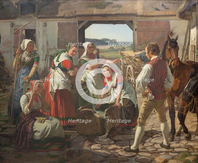 Young female farmworkers by a well, Zealand, 1850. Creator: Jorgen Pedersen Roed.