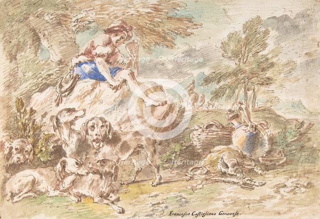 Young Hunter with His Dogs in a Landscape, 1641-1710. Creator: Giovanni Francesco Castiglione.