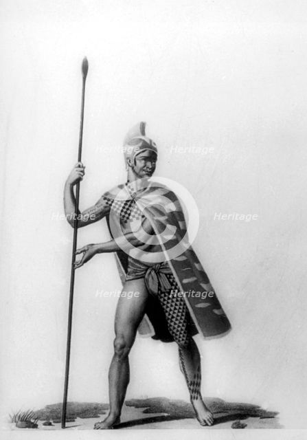 Young officer wearing a typical costume of malo, Hawaii, 1819. Artist: Jacques Etienne Victor Arago