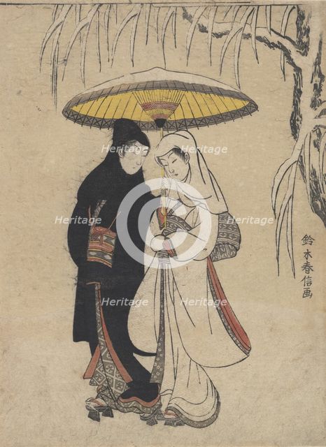 Young Lovers Walking Together under an Umbrella in a Snow Storm (Crow and Heron), ca. ..., ca. 1769. Creator: Suzuki Harunobu.