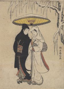 Young Lovers Walking Together under an Umbrella in a Snow Storm (Crow and Heron), ca. ..., ca. 1769. Creator: Suzuki Harunobu