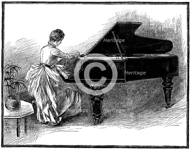 Young lady tuning a grand piano, 1887. Artist: Unknown