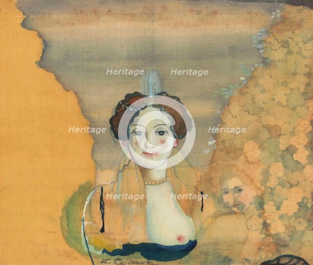 Young lady with a garden beyond.