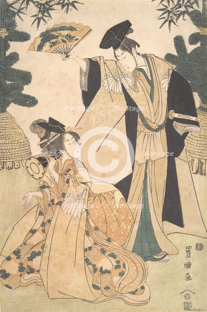 Young Lady with Drum and Man with Fan Saluting Her. Creator: Utagawa Toyokuni I.