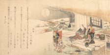 Young Lady with Lamp; Man and Woman on Veranda of Tea-House. Creator: Hokusai