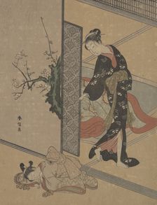 Young Lady Looking through Door at Her Kamuro (Little Servant) who is Asleep on the Floor. Creator: Suzuki Harunobu