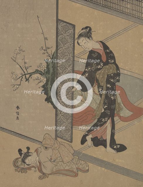 Young Lady Looking through Door at Her Kamuro (Little Servant) who is Asleep on the Floor. Creator: Suzuki Harunobu.