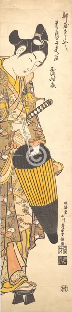 Young Man Moving Toward the Right on High Geta and Opening His Umbrella, ca. 1745., ca. 1745. Creator: Ishikawa Toyonobu.