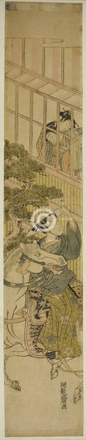 Young Man on Horseback and Two Women Watching from a Window, c. 1770. Creator: Isoda Koryusai.