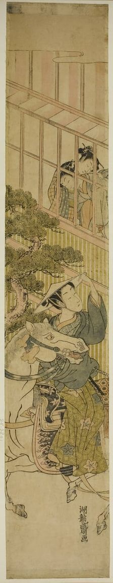 Young Man on Horseback and Two Women Watching from a Window, c. 1770. Creator: Isoda Koryusai