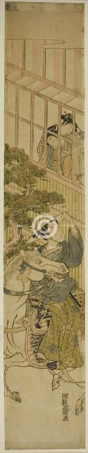Young Man on Horseback and Two Women Watching from a Window, c. 1770. Creator: Isoda Koryusai.