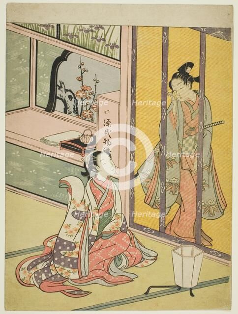 Young Man and Woman Talking through a Bamboo Blind, c. 1768. Creator: Suzuki Harunobu.