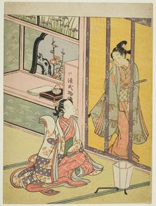 Young Man and Woman Talking through a Bamboo Blind, c. 1768. Creator: Suzuki Harunobu