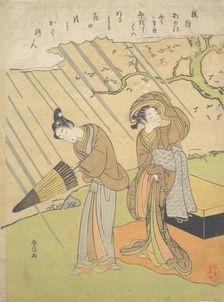 Young Man and Woman Caught in the Rain while Enjoying Cherry Blossoms (Sakura-gari)..., ca. 1768-70. Creator: Suzuki Harunobu