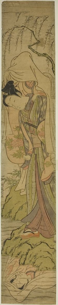 Young Man Carrying a Girl Sees her Reflection in the Water, c. 1771. Creator: Isoda Koryusai