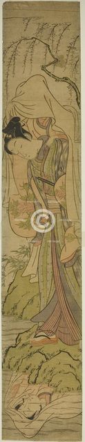 Young Man Carrying a Girl Sees her Reflection in the Water, c. 1771. Creator: Isoda Koryusai.