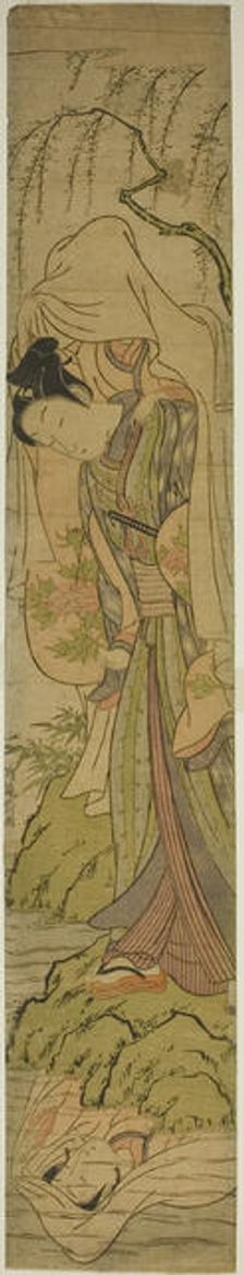 Young Man Carrying a Girl Sees her Reflection in the Water, c. 1771. Creator: Isoda Koryusai