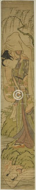 Young Man Carrying a Girl Sees her Reflection in the Water, c. 1771. Creator: Isoda Koryusai.