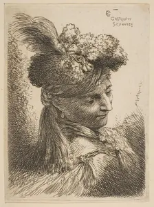 Young man facing three quaters right wearing a fur headdress with a plume, jewel an..., ca. 1645-50. Creator: Giovanni Benedetto Castiglione