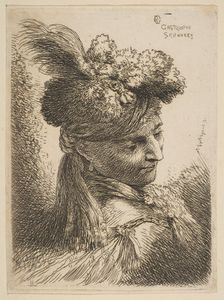 Young man facing three quaters right wearing a fur headdress with a plume, jewel an..., ca. 1645-50. Creator: Giovanni Benedetto Castiglione
