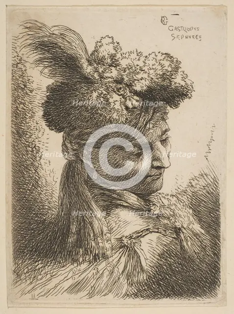 Young man facing three quaters right wearing a fur headdress with a plume, jewel an..., ca. 1645-50. Creator: Giovanni Benedetto Castiglione.
